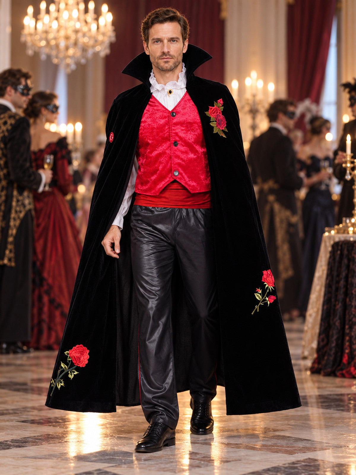 Vampire Costume with Long Cape and Red Roses lifestyle view