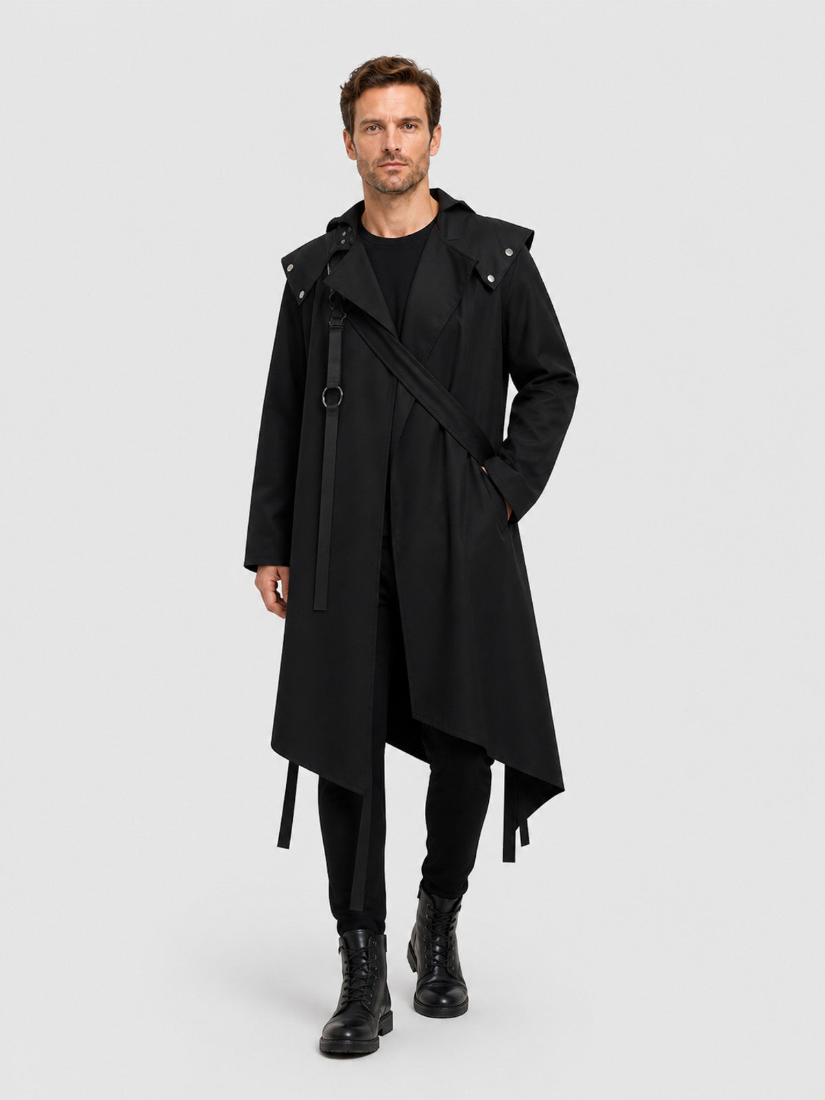 Black Long Cloak with an Asymmetrical Hem and Rivets Costume Capes detail