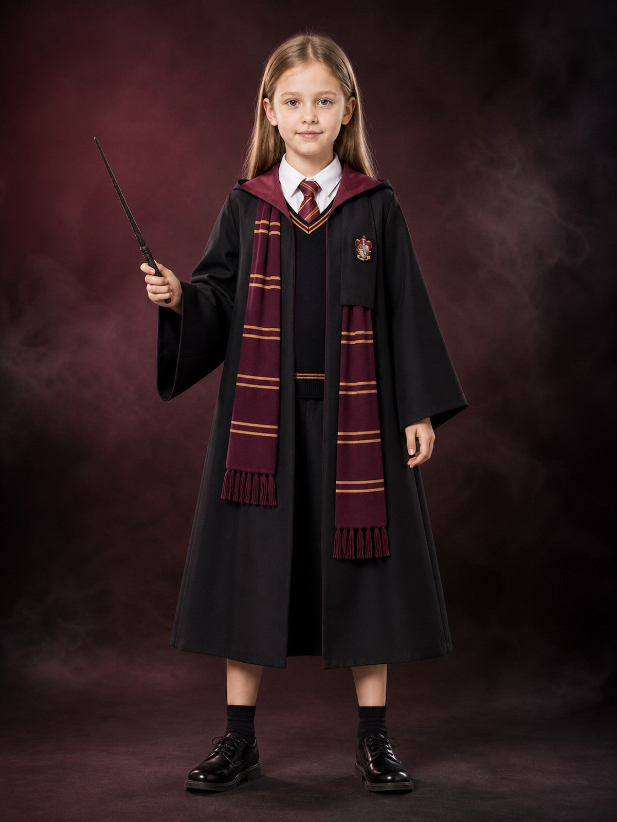 Kids' Burgundy and Black Hooded Wizard Robe Costume Set with Vest, Tie, Scarf main product view