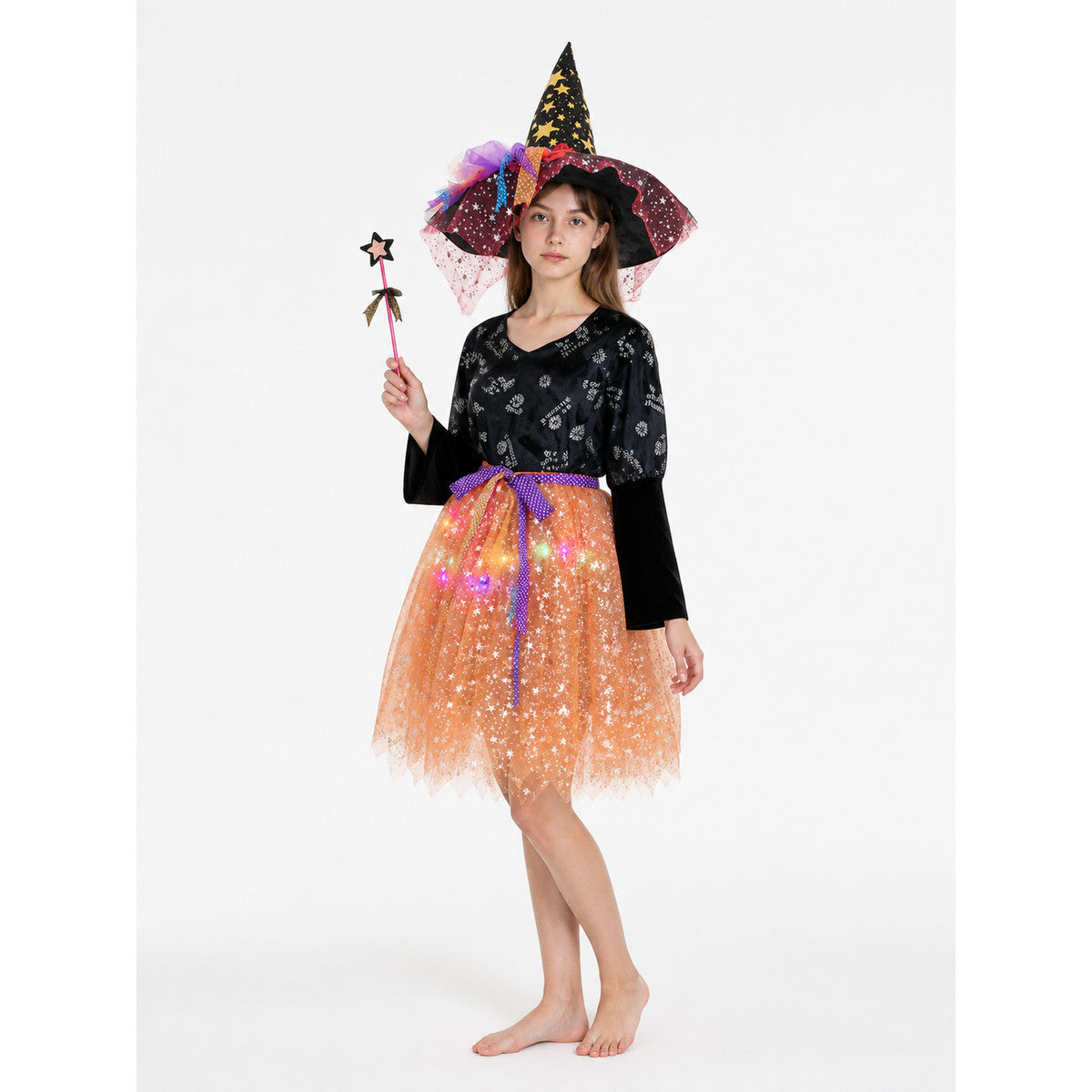 Witch Costume with Hat and Magic Wand on-model front view
