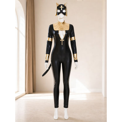 Black and gold jumpsuit costume featuring a cat theme, intended for creating a cosplay and Halloween look. The design is a one-piece construction with long sleeves and full-length pants, complemented by decorative elements in black and gold