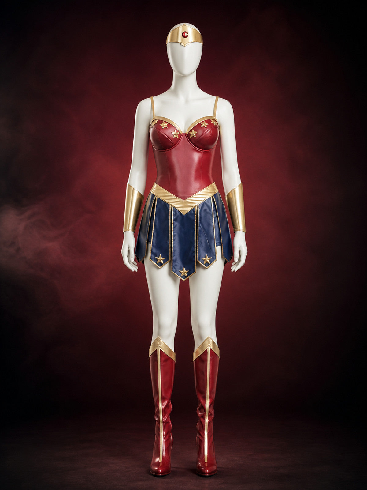 Adult Wonder Woman-Inspired Bodysuit Costume Set with Headpiece and Arm Sleeves main product view