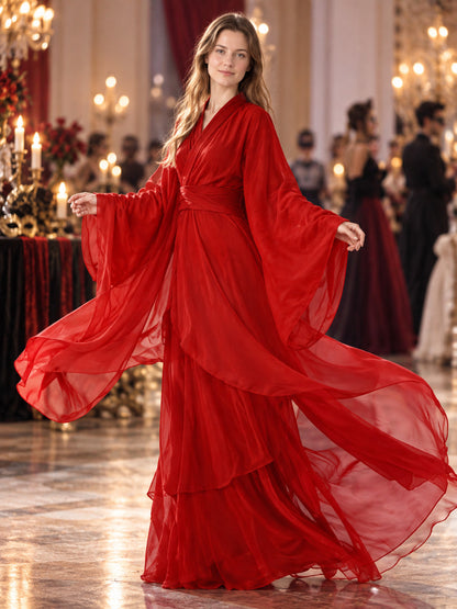 Red Chinese-Style Dress Costume with Long Sleeves