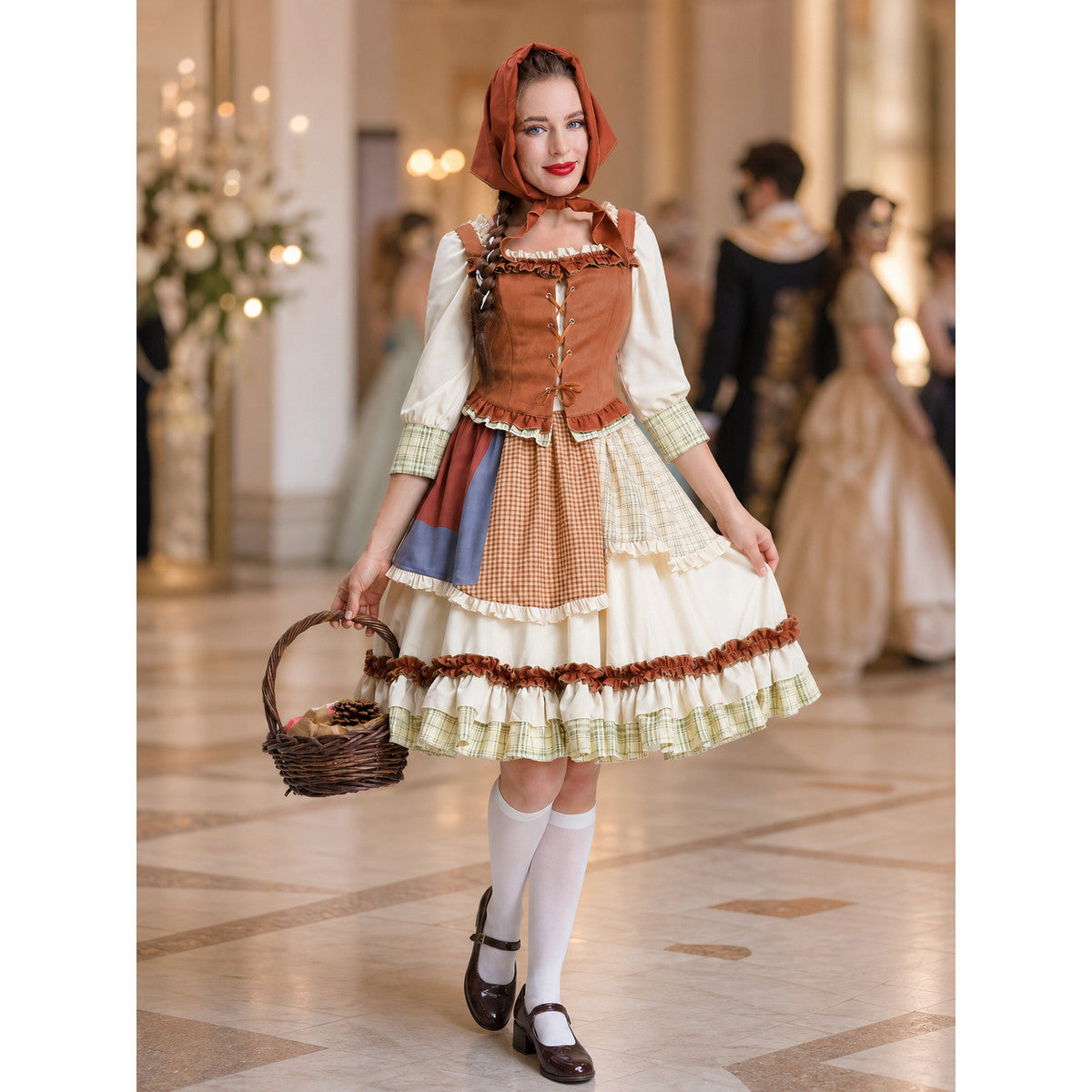 Historical character costume with a corset-style bodice and ruffles