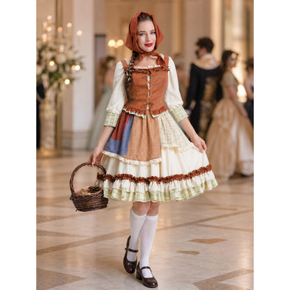 Historical character costume with a corset-style bodice and ruffles