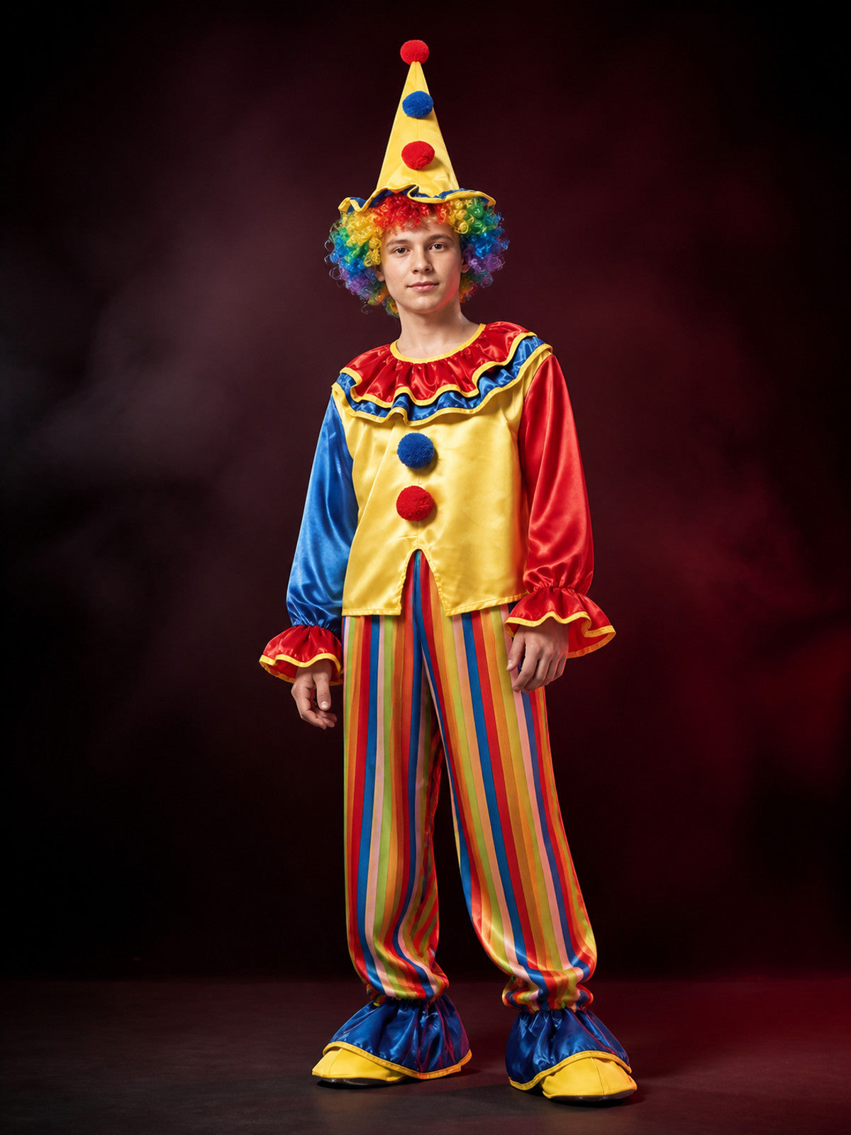 Kids' Colorful Clown Circus Costume Set with Ruffle Top, Pants and Pointed Hat main product view