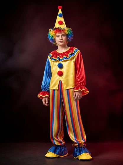 Kids' Colorful Clown Circus Costume Set with Ruffle Top, Pants and Pointed Hat main product view