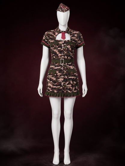 Women's Police Camouflage Short Sleeve Dress Costume Set with Hat, Tie & Belt main product view