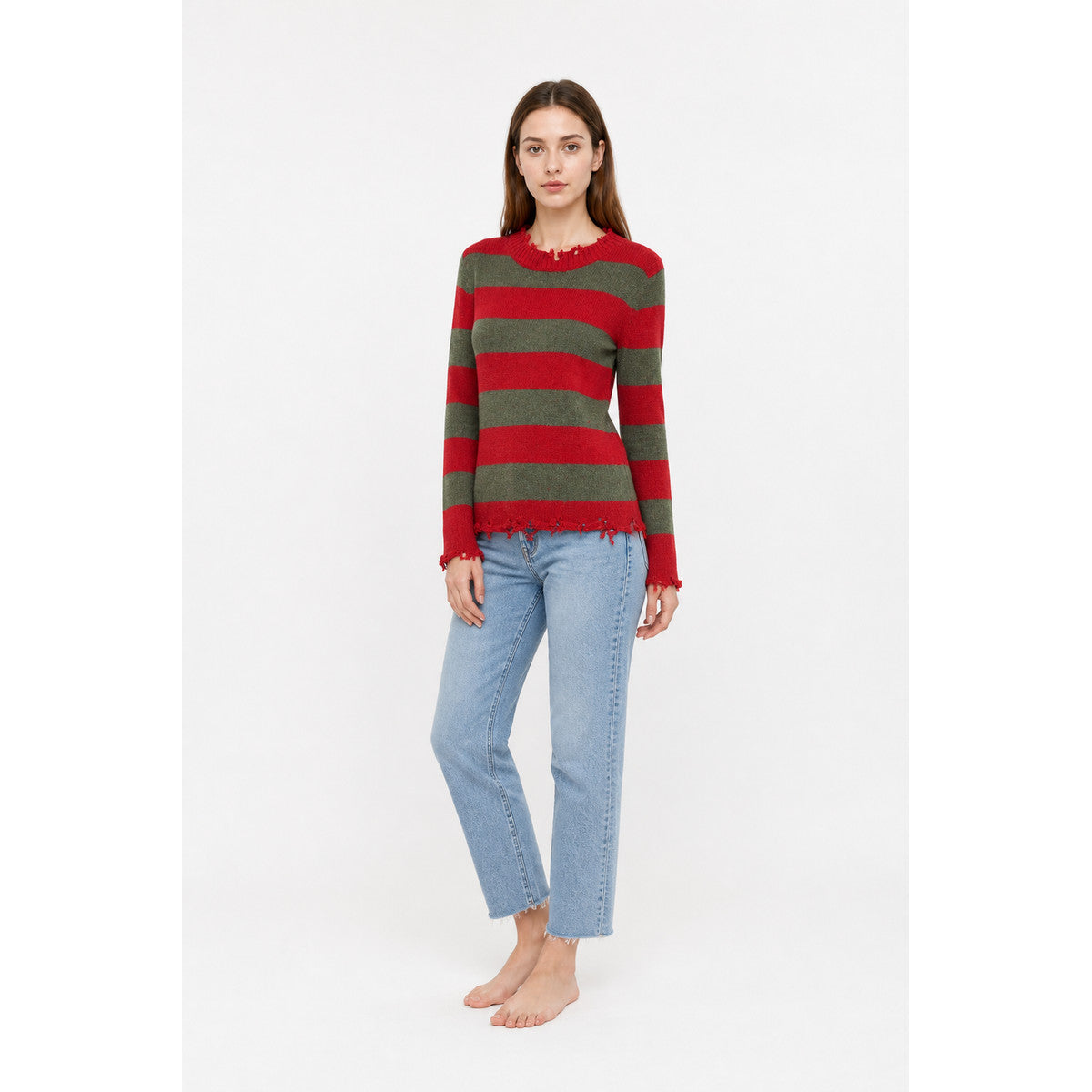 Striped Sweater with Raw Edges, Red and Green