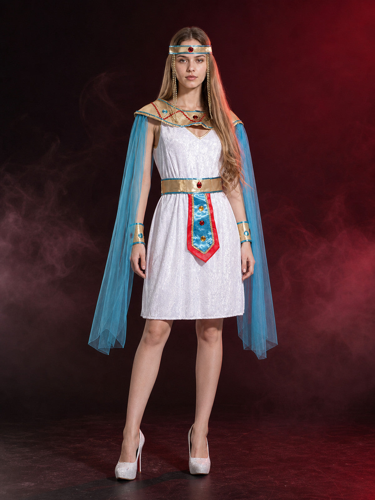 Egyptian Cleopatra Costume Set, White Dress With Gold Belt, Headpiece And Blue main product view