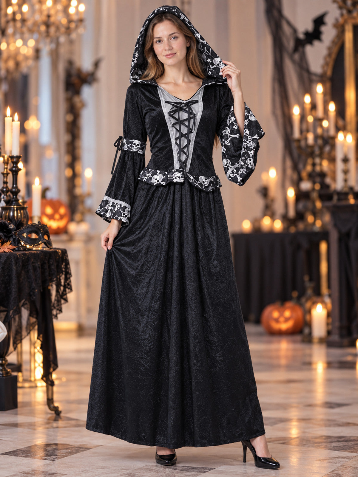 Death Carnival Costume with Hood and Bones