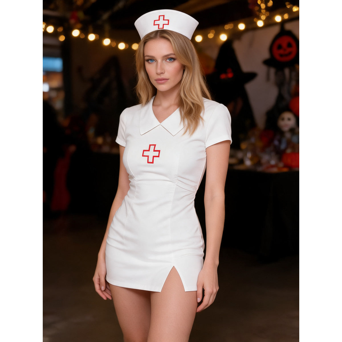 Halloween White Nurse Costume with Cap lifestyle view