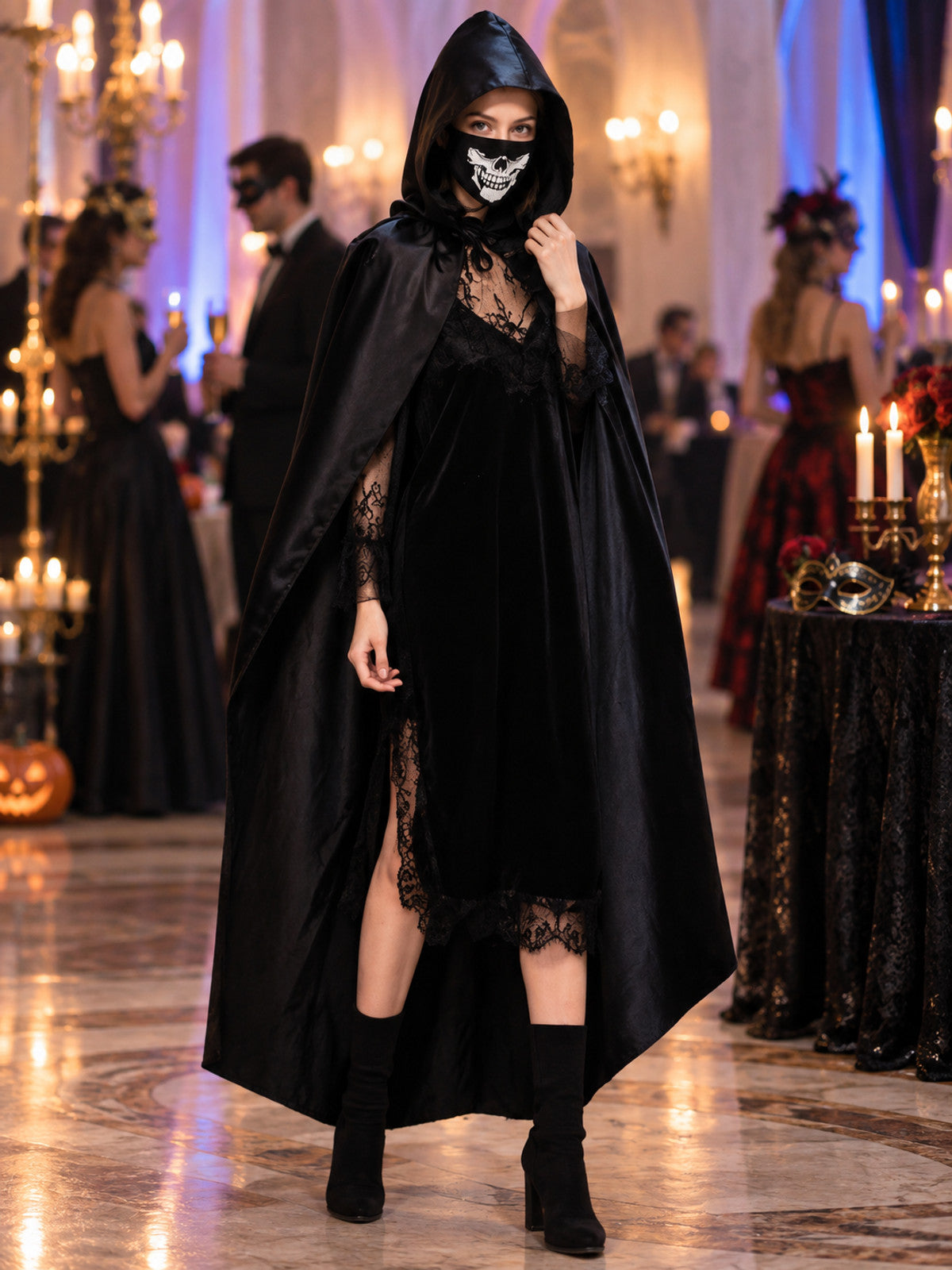 Costume Cape with Hood and Skull Mask lifestyle view