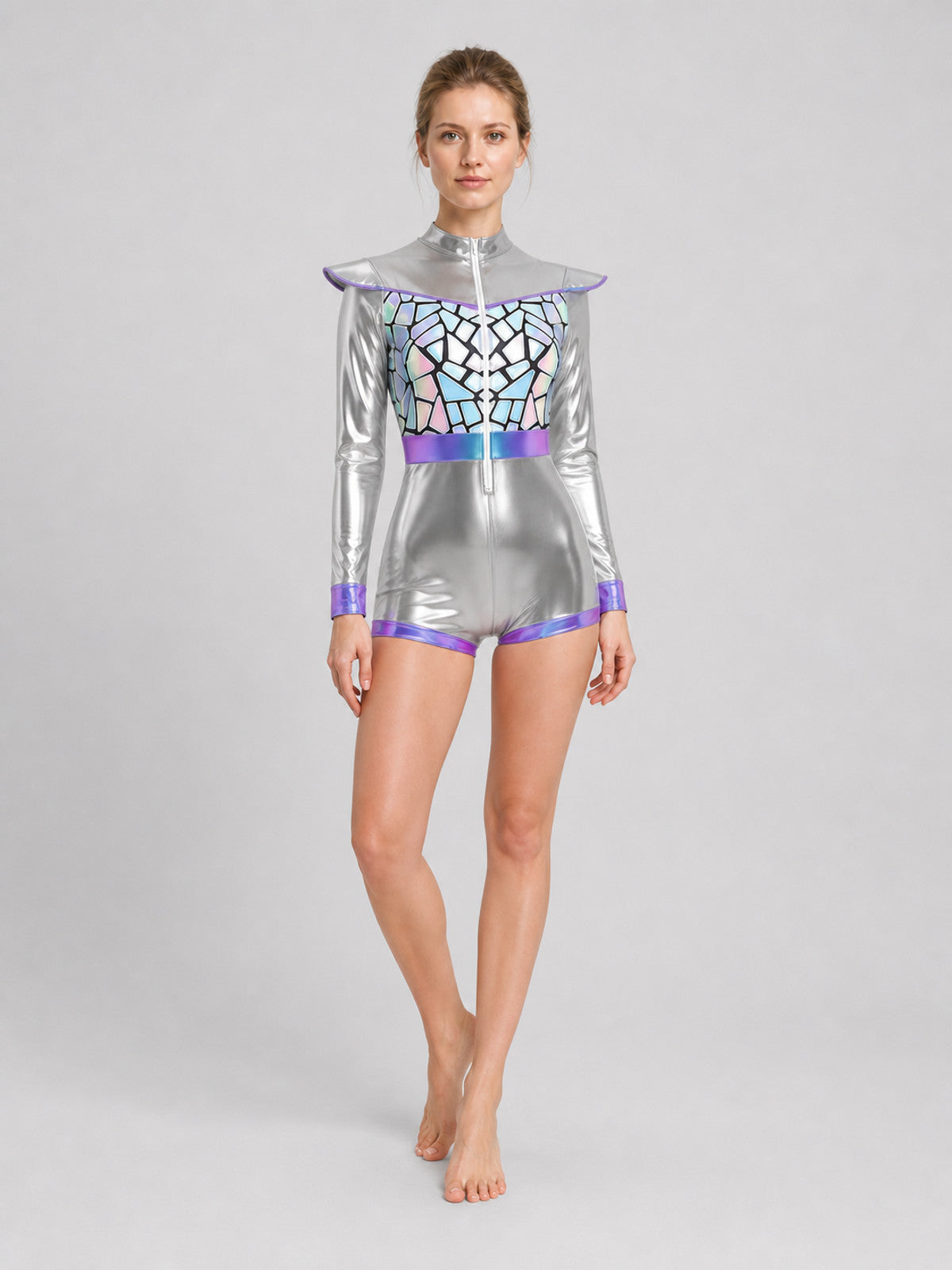 Silver Astronaut Jumpsuit with Purple Trim