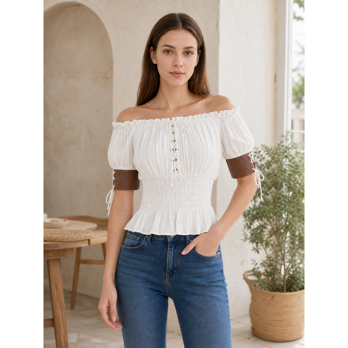 Off-the-Shoulder Blouse with Puff Sleeves