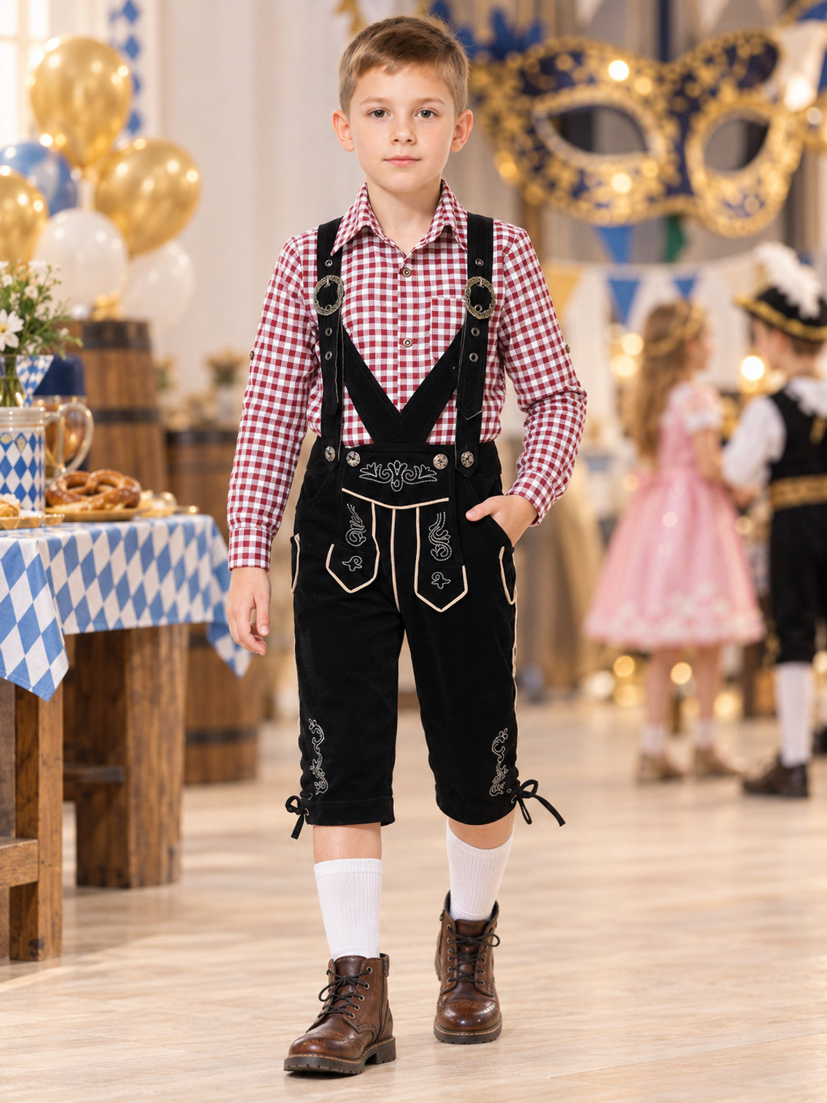 Kids' Black Suspender Pants with Embroidery