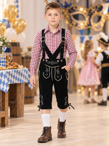 Kids' Black Suspender Pants with Embroidery