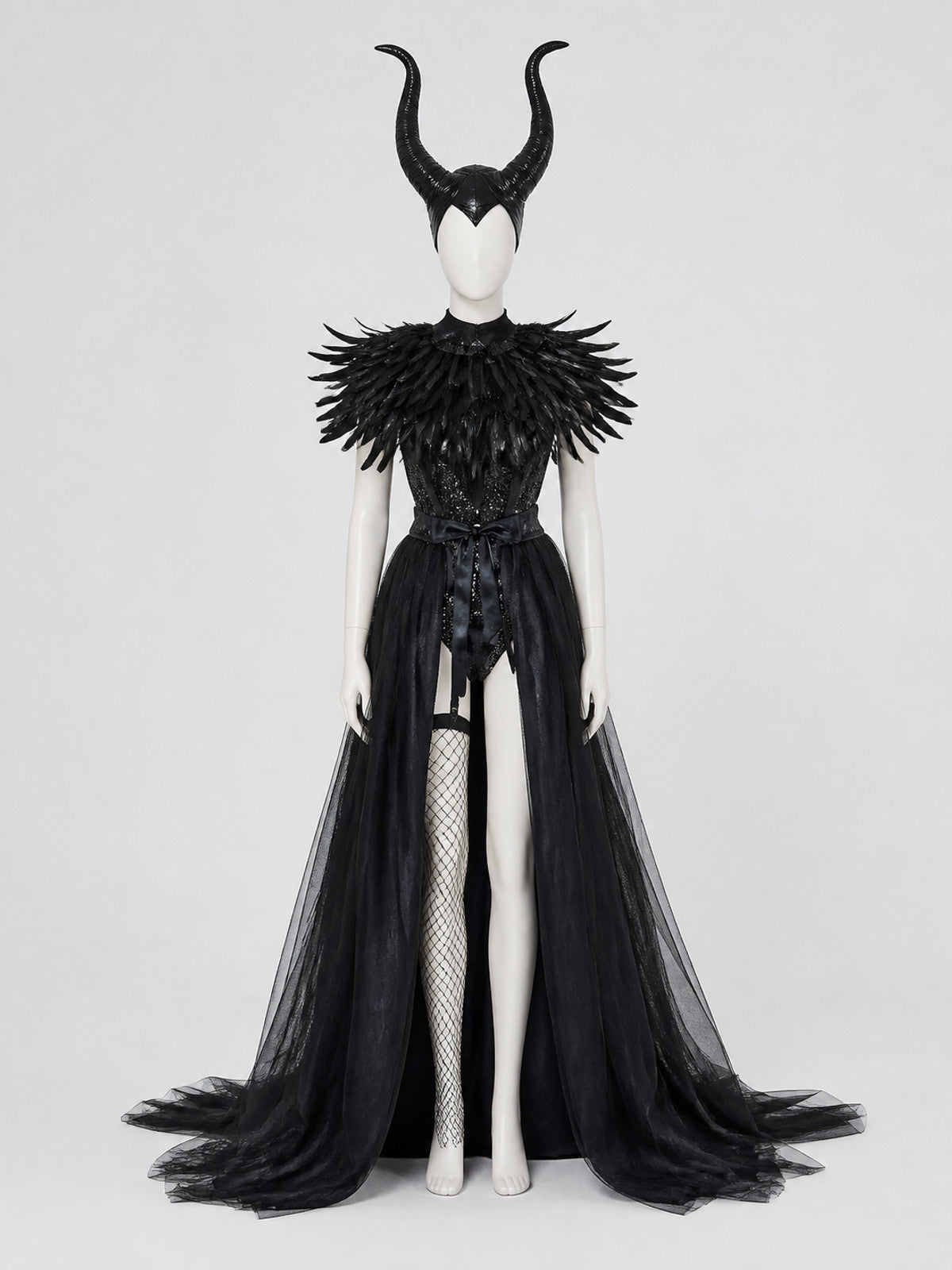 Gothic Costume with Horns, Feathers, Mesh, and Scepter