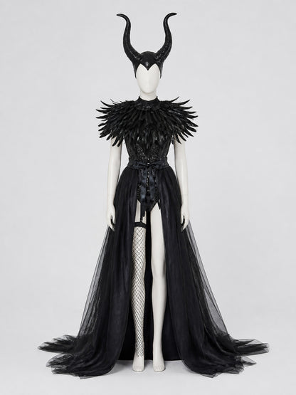 Gothic Costume with Horns, Feathers, Mesh, and Scepter