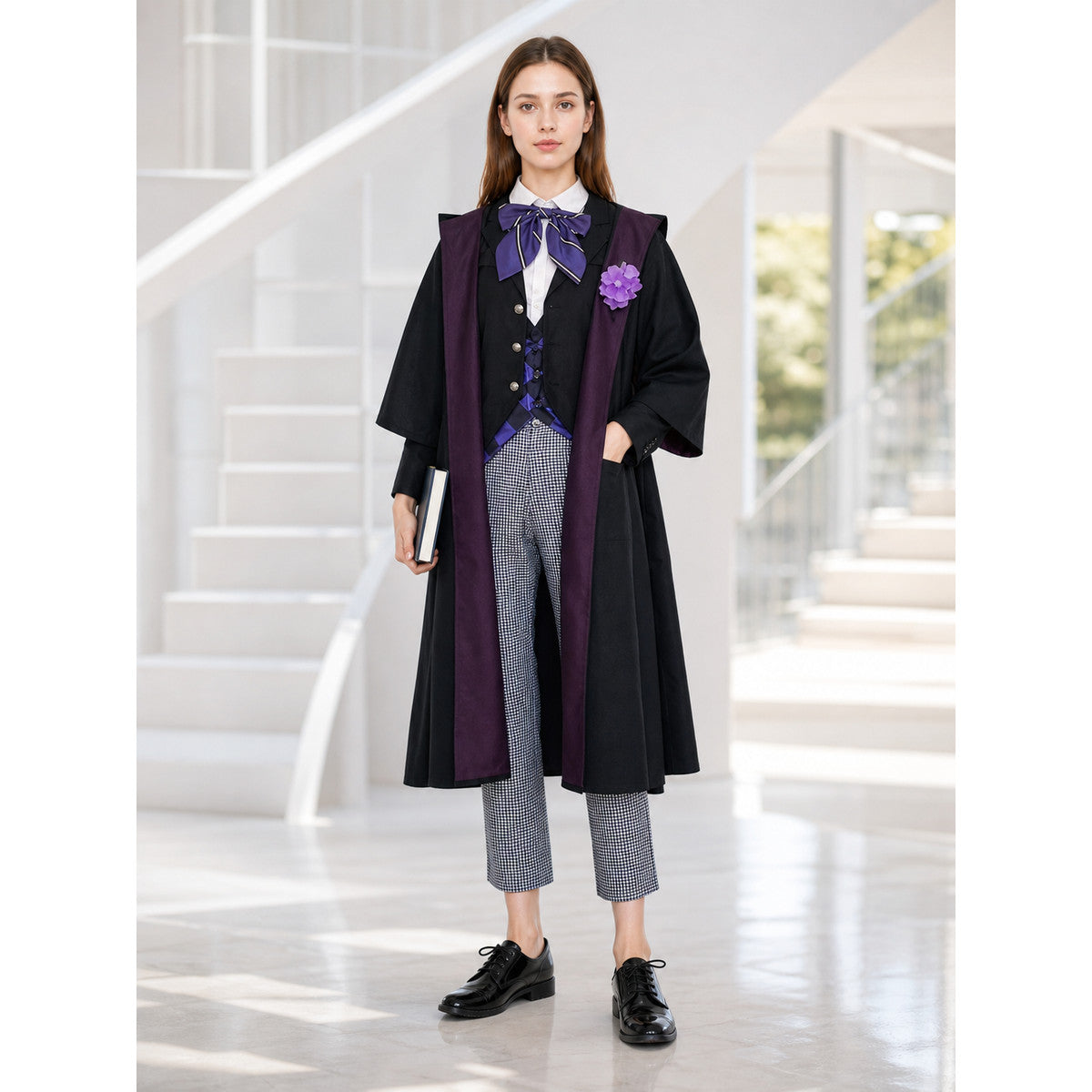 The set is styled after the character Gregory Violet and includes a jacket, vest, shirt, pants, bow tie, and lapel brooch. The look is built around layering: a black vest and black jacket are worn over a white shirt, complemented by an uppe