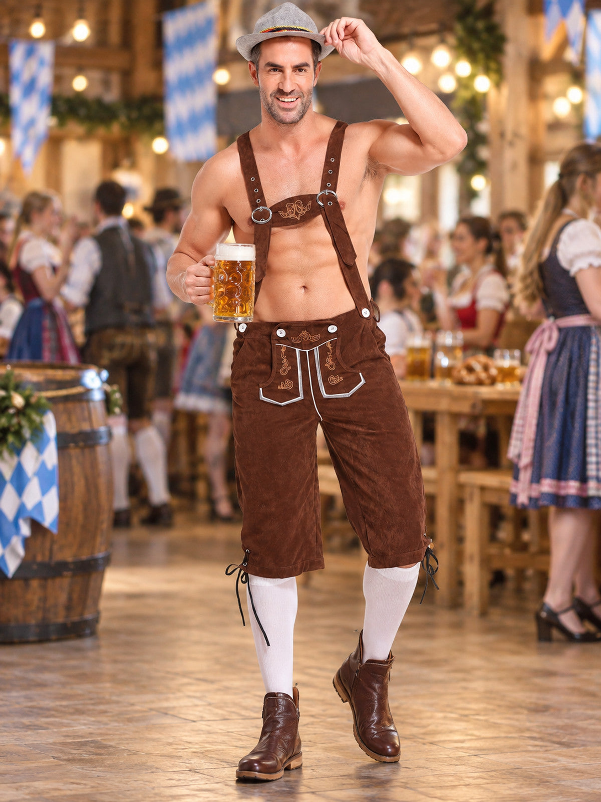 Brown Bavarian trousers with suspenders for Oktoberfest