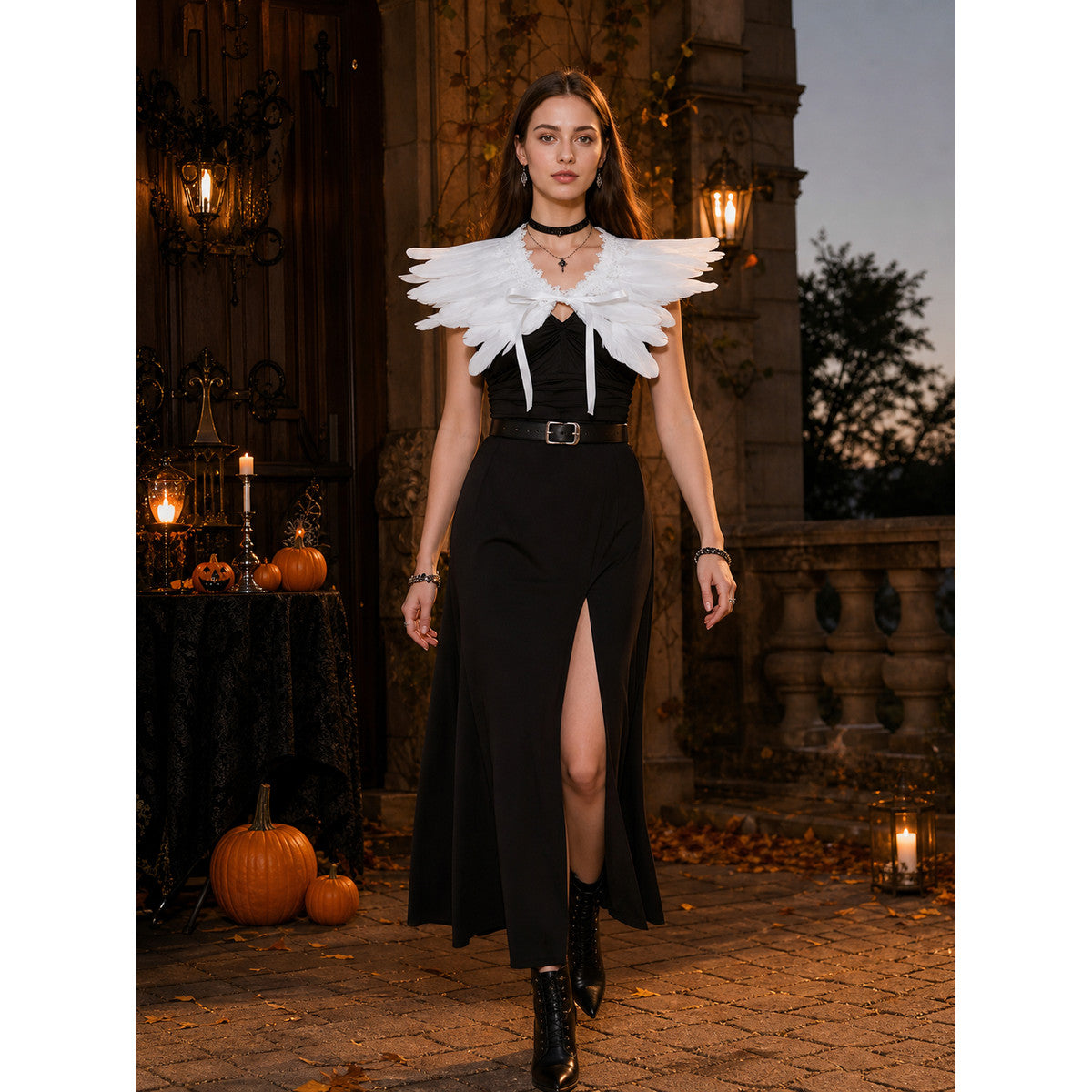 White Feather Lace Cape Halloween Costume Cape with Lace Collar Front Center Tie and Feather Shoulder Silhouette for Cosplay Role Play Theme Party