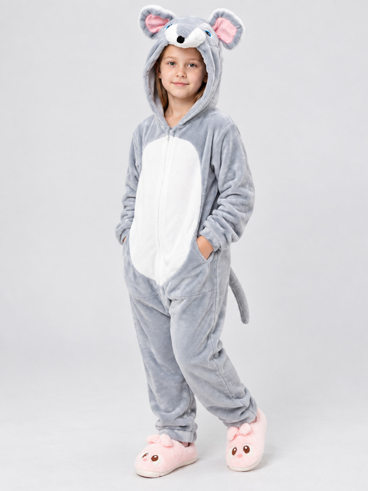 Gray Insulated Hooded Pajama Jumpsuit with Animal Face