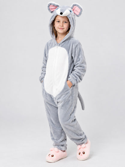 Gray Insulated Hooded Pajama Jumpsuit with Animal Face