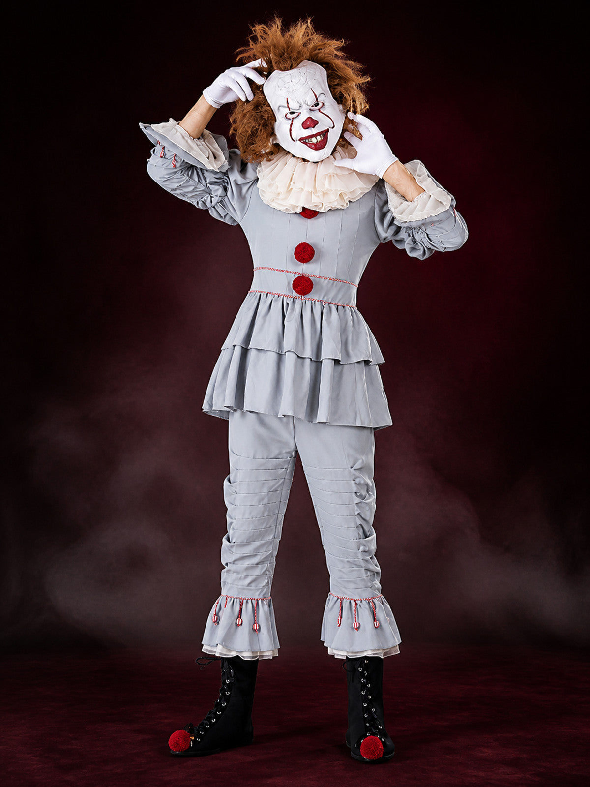 Adult Clown Jumpsuit Costume with Ruffle Trim and Red Pom Poms, Halloween main product view