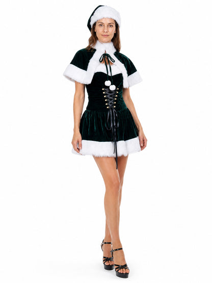 New Year's Dress with White Fur and Pom-Poms