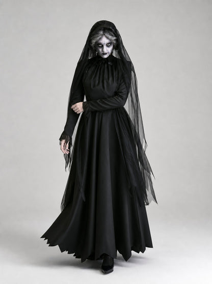Black Gothic Hooded Dress with Tattered Details Costume Dresses detail
