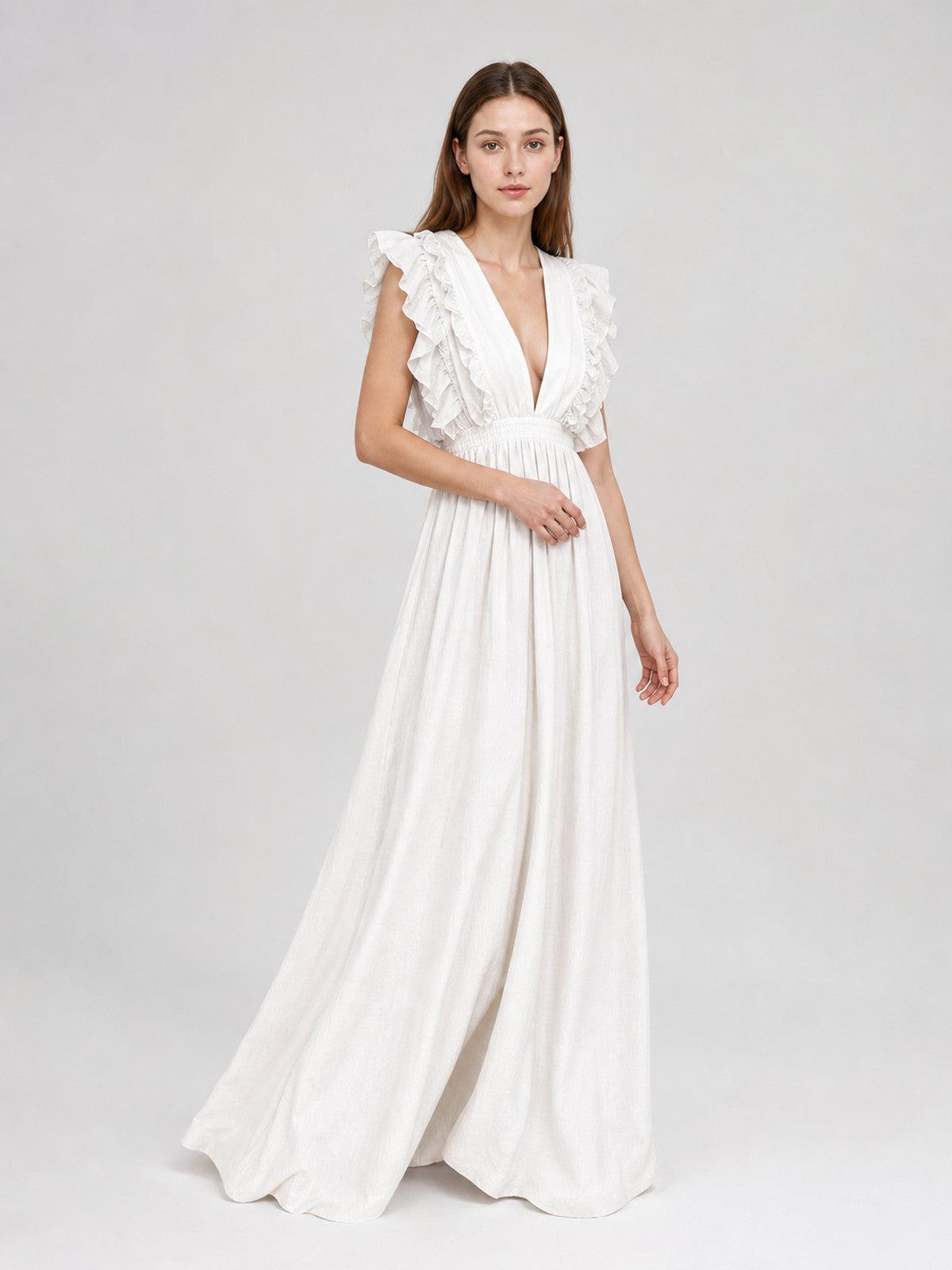 White Floor-Length Dress with a V-Neckline and Ruffled Sleeves