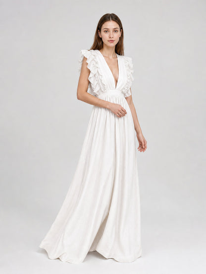 White Floor-Length Dress with a V-Neckline and Ruffled Sleeves