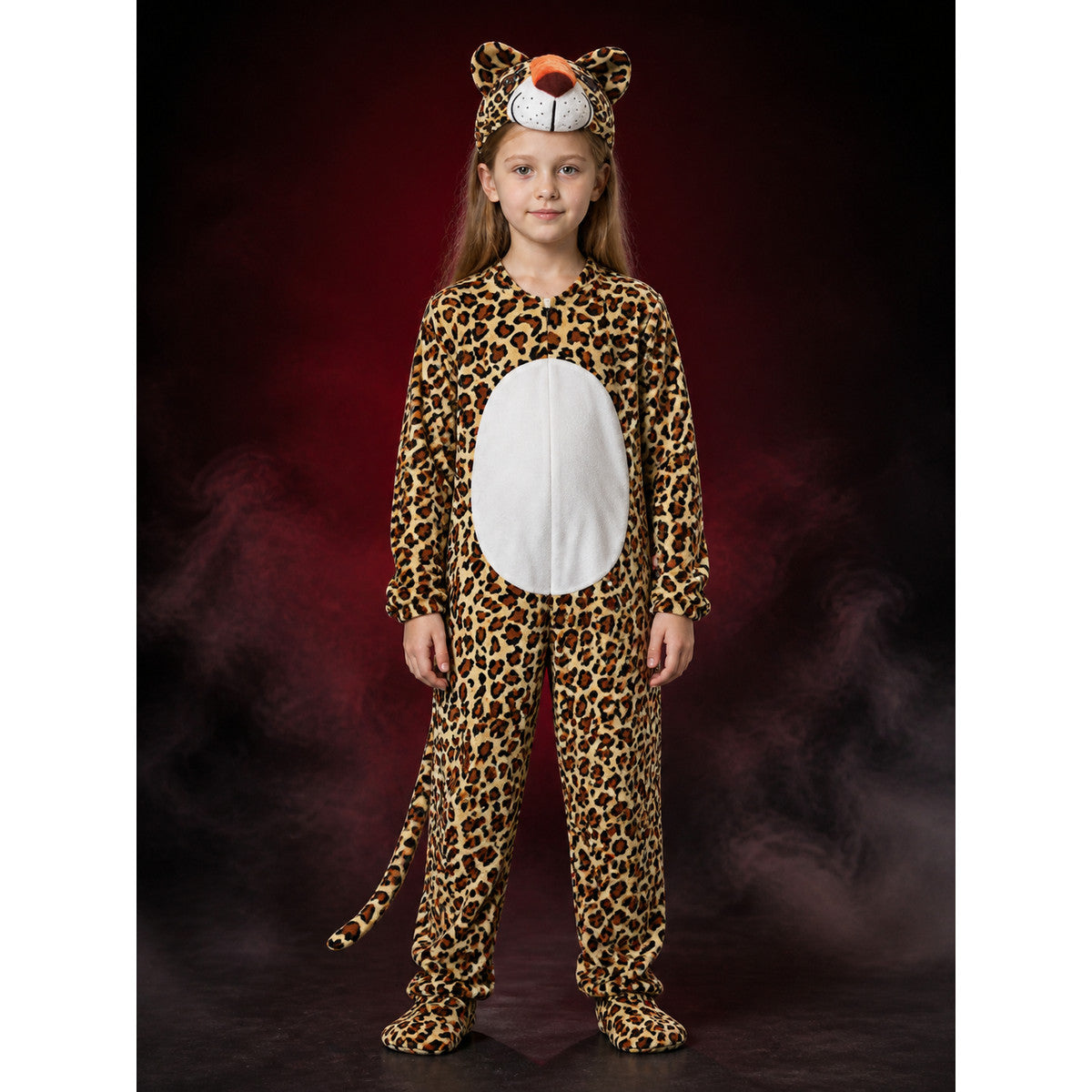 Kids Leopard Animal Onesie Costume with Hood and Tail, Footed Pants main product view