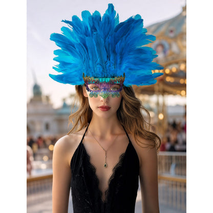 Blue Carnival Headpiece with Feathers and Mask lifestyle