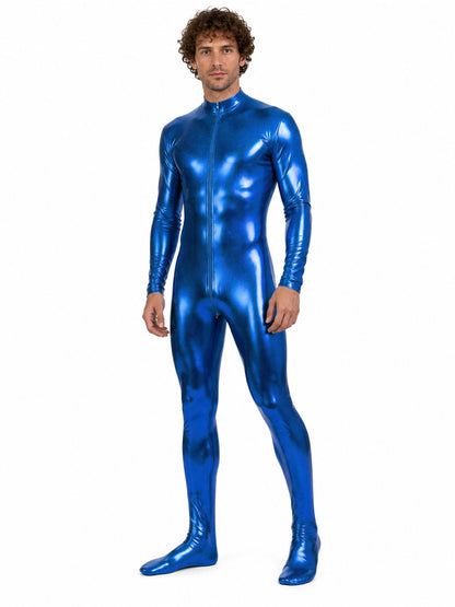 Blue glossy footed jumpsuit with a zipper