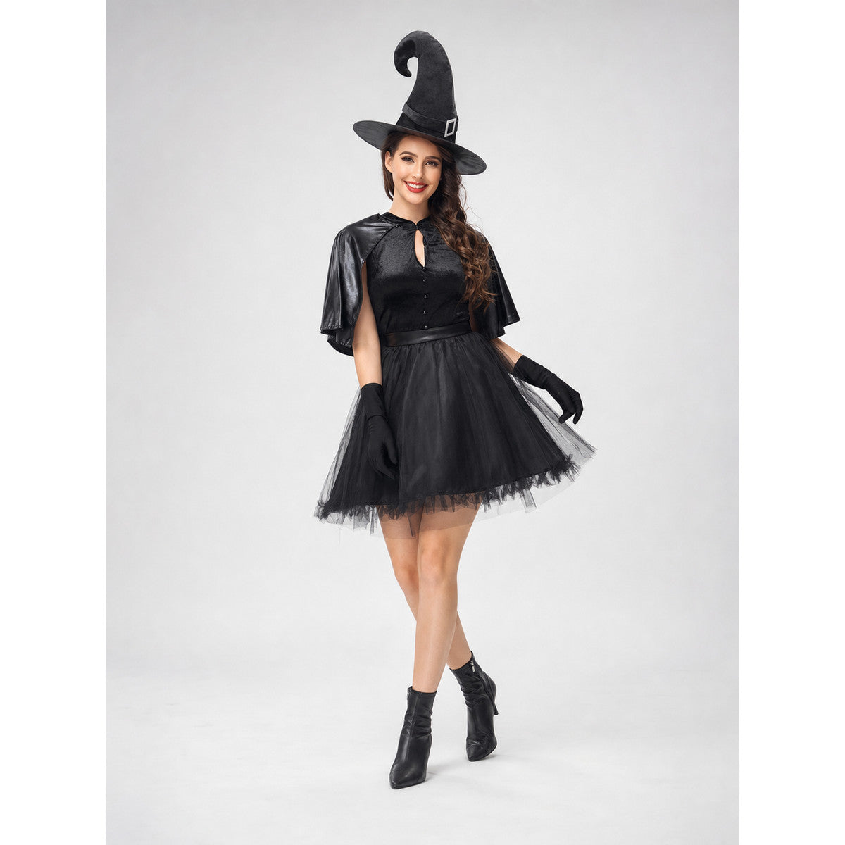 Witch Costume: Dress with Full Skirt, Hat, and Gloves