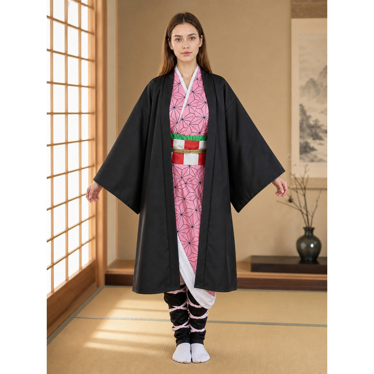 Anime-style cosplay costume: kimono, sash, and accessories lifestyle view