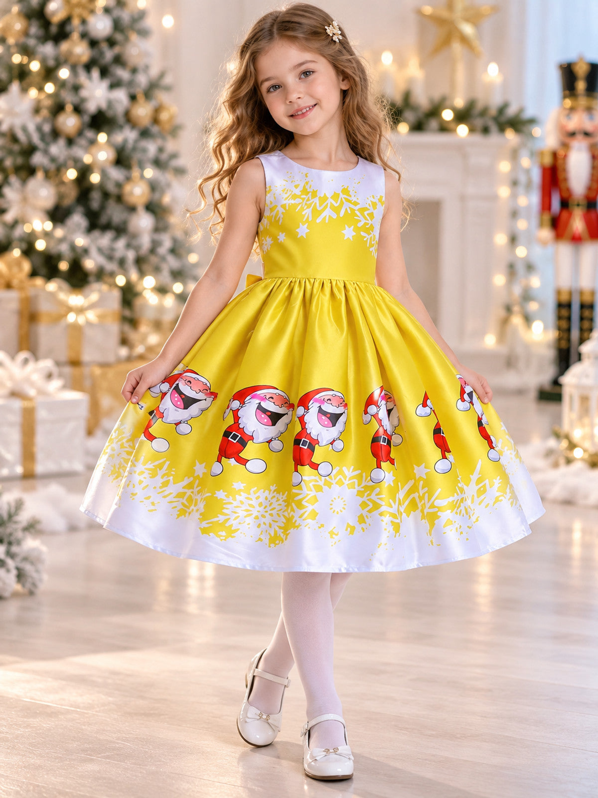 Girls' Dressy Dress with Winter Print and Bow