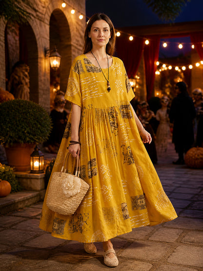 Women's Yellow Printed A-Line Maxi Dress with Short Sleeves, Round Neck, Pleated