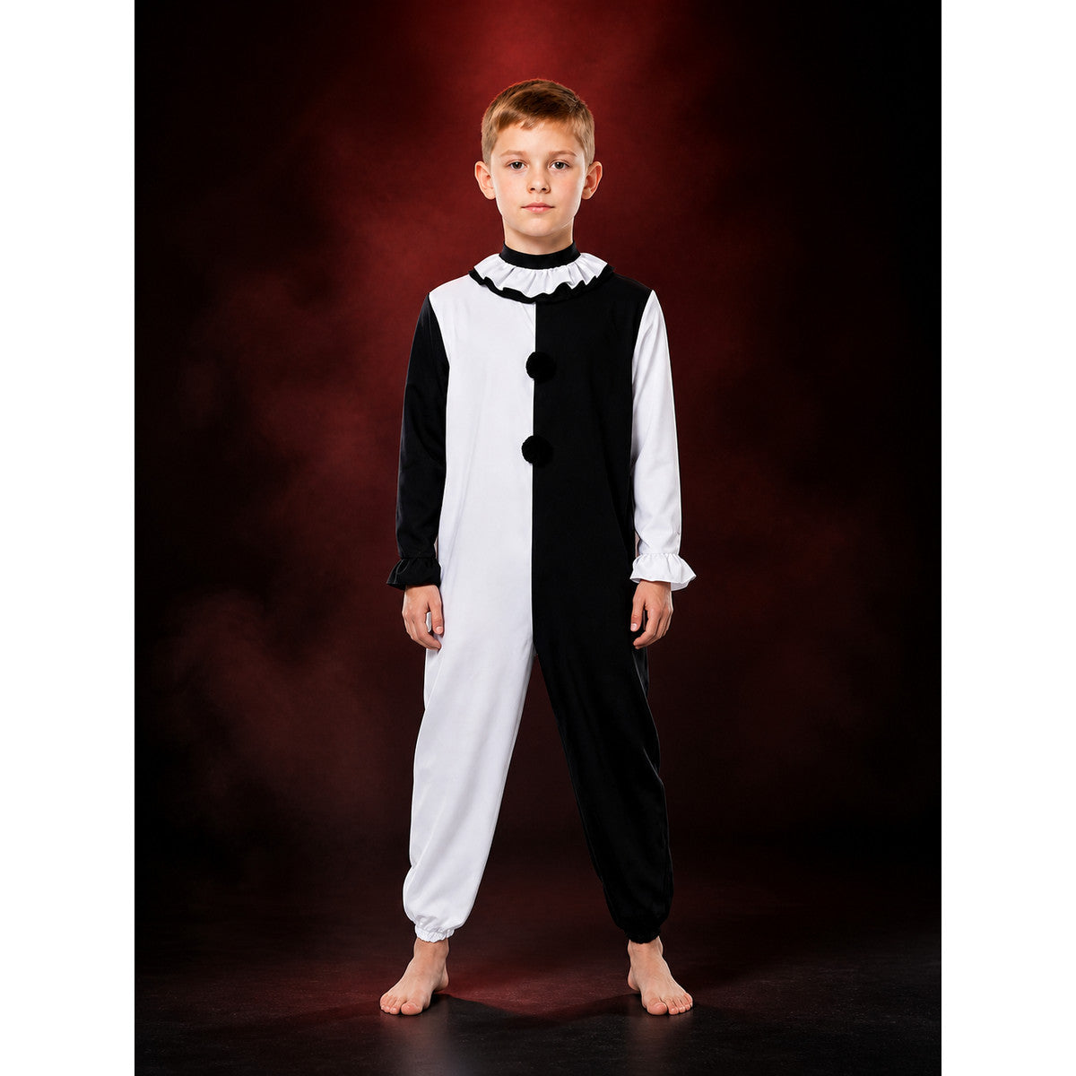 Men's Black and White Jester Jumpsuit Halloween Costume with Ruffled Collar main product view