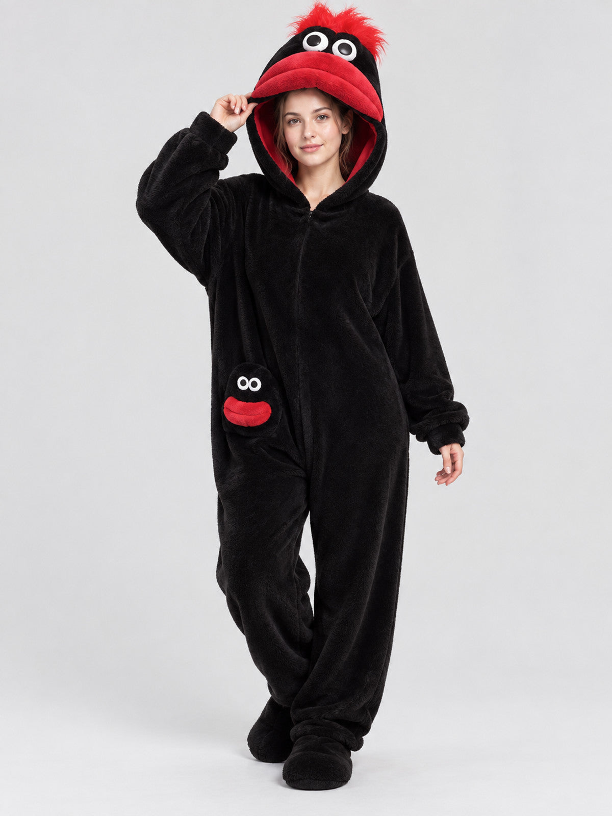 Black Coral Fleece Hooded Pajama Jumpsuit