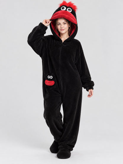 Black Coral Fleece Hooded Pajama Jumpsuit