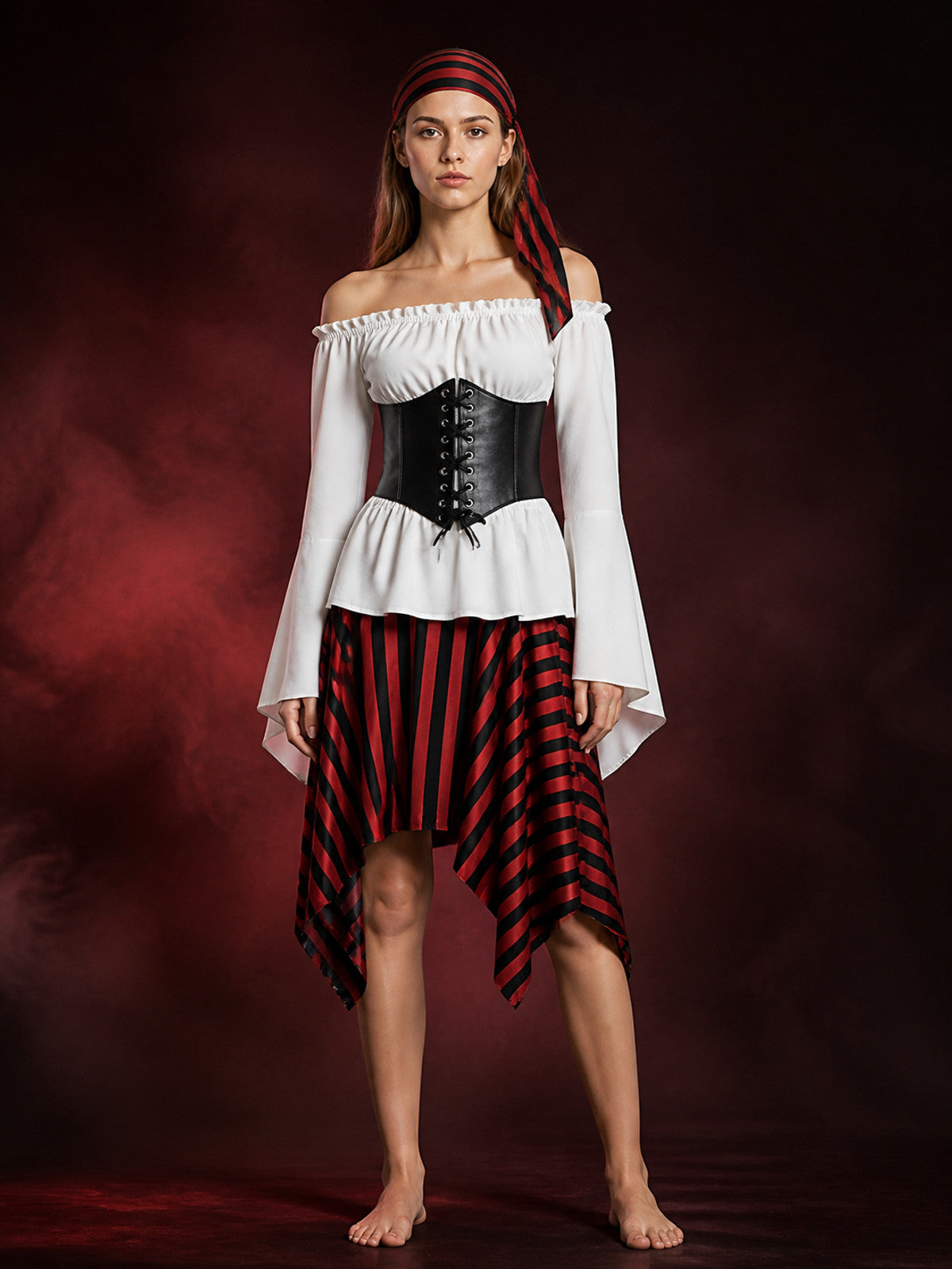 Women's Pirate Costume Set with Off Shoulder Top, Striped Skirt, Corset Belt &