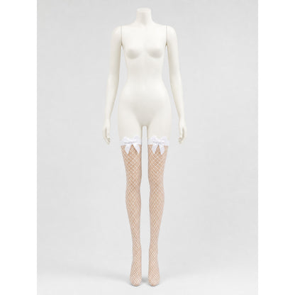 White Diamond-Mesh Stockings with Bows