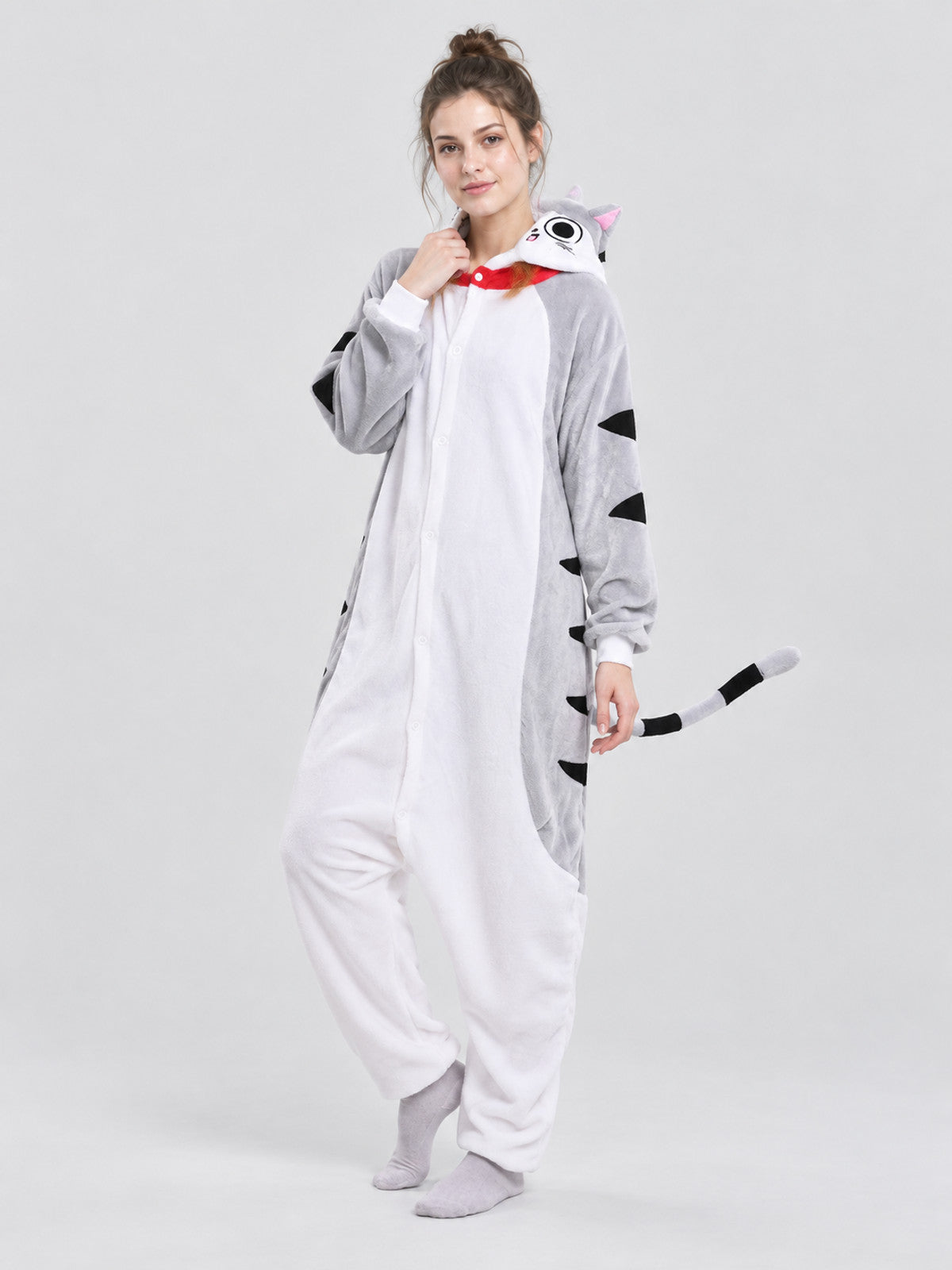 Gray-white hooded pajama jumpsuit with tail