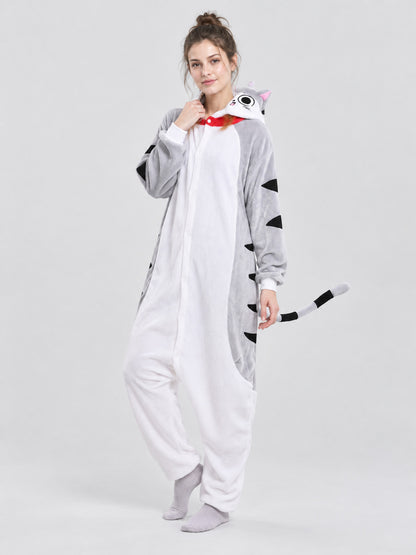 Gray-white hooded pajama jumpsuit with tail