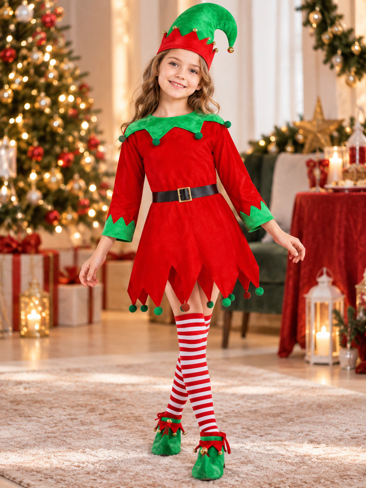 Elf Costume: Red Dress and Hat lifestyle view