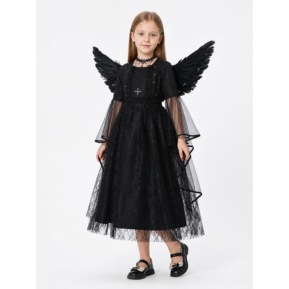 Black Midi Dress with Wings and Lace Costume Dresses detail