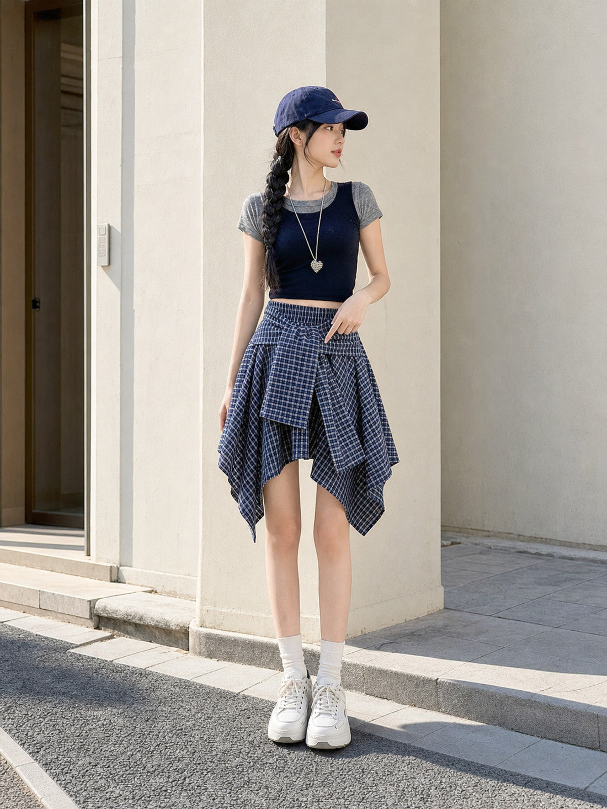 Women's Plaid Skirt with an Asymmetrical Hem product detail